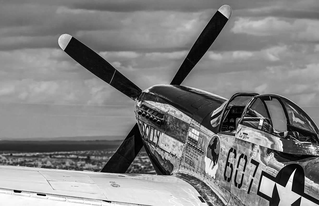 Black-and-white fine art photograph of P-51 Mustang "Dolly" from the Planes of Fame Air Museum, highlighting the aircraft's polished nose, cockpit, and iconic propeller.